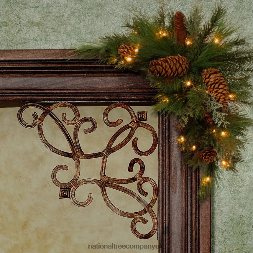 Greenery | National Tree Company 30in White Pine Corner Swag with Battery Operated LED Lights F2L4F505